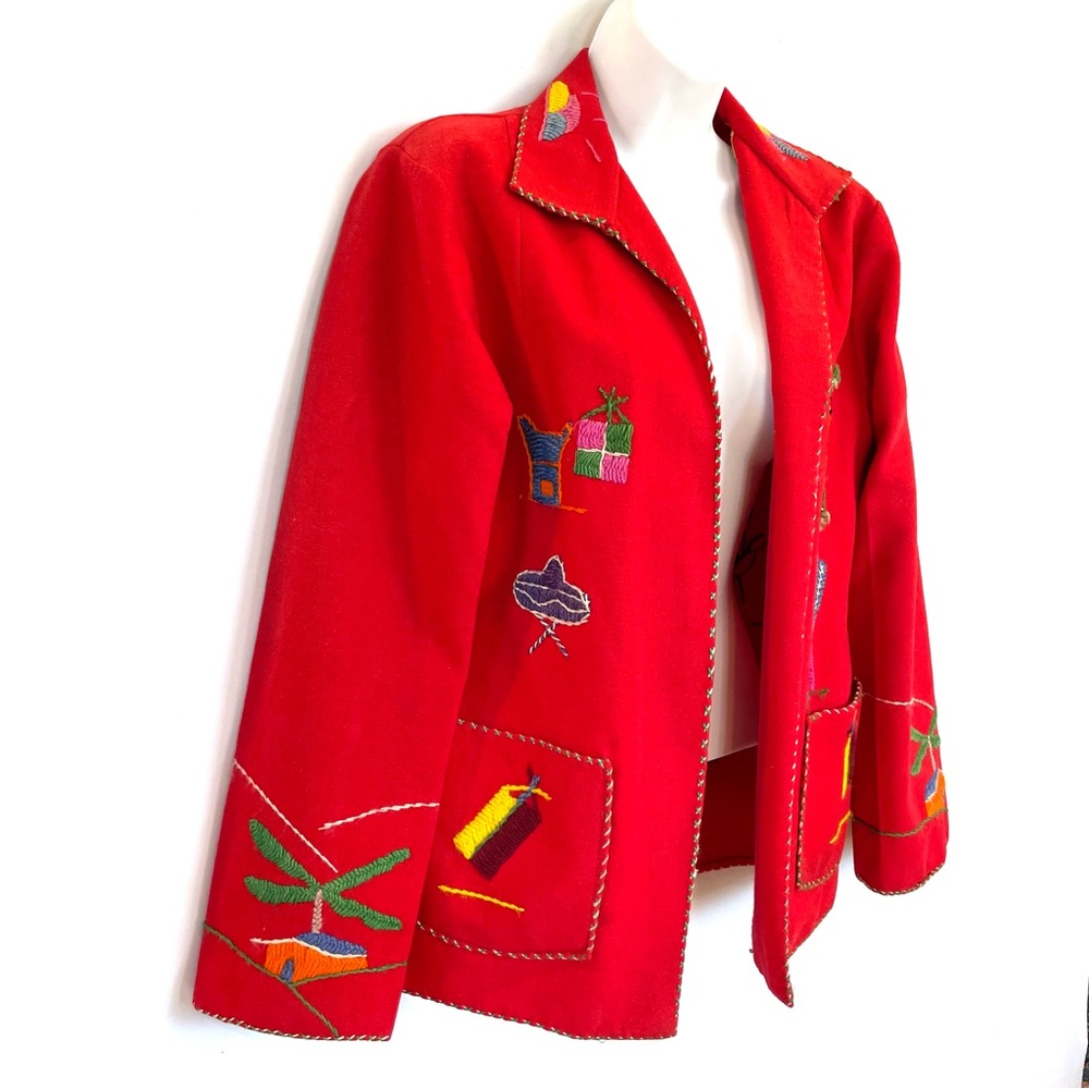 Vintage 40s 50s Mexican Wool Felt Jacket Red Embroidered Womens S - Picture 3 of 10